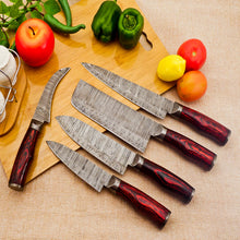 Load image into Gallery viewer, 5 Piece Handmade Damascus Chef Knife Set with Red Handle - Chef&#39;s Knife, Fillet Knife, Cleaver, Small Chef knife, Paring knife - Arham Cutlery
