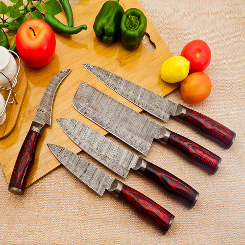 5 Piece Handmade Damascus Chef Knife Set with Red Handle - Chef's Knife, Fillet Knife, Cleaver, Small Chef knife, Paring knife - Arham Cutlery