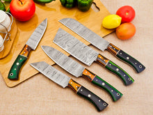 Load image into Gallery viewer, 5 Piece Handmade Damascus Chef Knife Set - Bread Knife, Chef Knife, Cleaver, Bunka knife, Paring knife - Arham Cutlery
