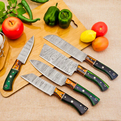 5 Piece Handmade Damascus Chef Knife Set - Bread Knife, Chef Knife, Cleaver, Bunka knife, Paring knife - Arham Cutlery