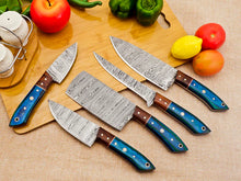 Cargar imagen en el visor de la galería, 5 Piece Handmade Damascus Chef Knife Set - Chef&#39;s Knife, Fillet Knife, Cleaver, Small Chef knife, Utility knife - Arham Cutlery
