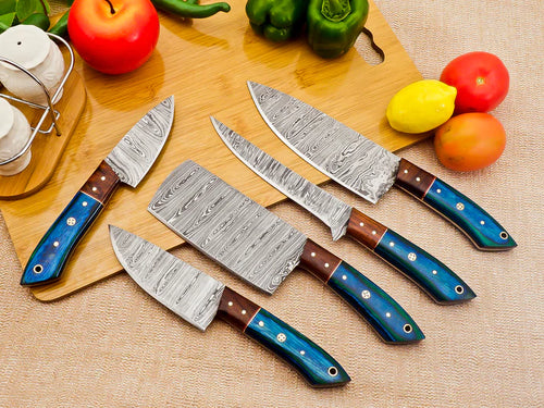 5 Piece Handmade Damascus Chef Knife Set - Chef's Knife, Fillet Knife, Cleaver, Small Chef knife, Utility knife - Arham Cutlery