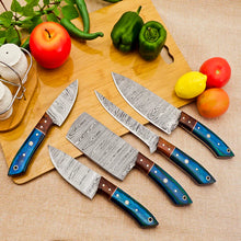 Lade das Bild in den Galerie-Viewer, 5 Piece Handmade Damascus Chef Knife Set - Chef&#39;s Knife, Fillet Knife, Cleaver, Small Chef knife, Utility knife - Arham Cutlery
