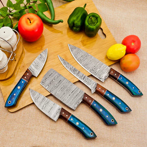 5 Piece Handmade Damascus Chef Knife Set - Chef's Knife, Fillet Knife, Cleaver, Small Chef knife, Utility knife - Arham Cutlery