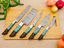 Load image into Gallery viewer, 5 Piece Handmade Damascus Chef Knife Set - Bread Knife, Fillet Knife, Cleaver, Chef knife, Paring knife - Arham Cutlery
