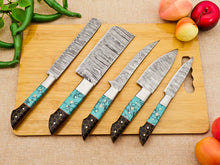 Load image into Gallery viewer, 5 Piece Handmade Damascus Chef Knife Set - Bread Knife, Fillet Knife, Cleaver, Chef knife, Paring knife - Arham Cutlery
