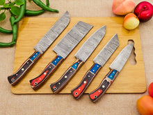 Load image into Gallery viewer, 5 Piece Handmade Damascus Chef Knife Set - Bread Knife, Chef Knife, Cleaver, Bunka knife, Paring knife - Arham Cutlery
