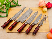 Load image into Gallery viewer, 5 Piece Handmade Damascus Chef Knife Set with Red Handle - Chef&#39;s Knife, Fillet Knife, Cleaver, Small Chef knife, Paring knife - Arham Cutlery
