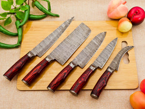 5 Piece Handmade Damascus Chef Knife Set with Red Handle - Chef's Knife, Fillet Knife, Cleaver, Small Chef knife, Paring knife - Arham Cutlery