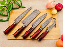 Load image into Gallery viewer, 5 Piece Handmade Damascus Chef Knife Set with Red Handle - Chef&#39;s Knife, Fillet Knife, Cleaver, Small Chef knife, Paring knife - Arham Cutlery
