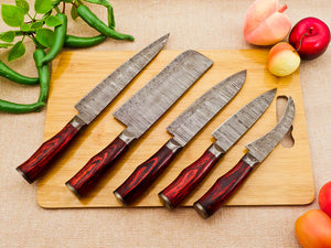 5 Piece Handmade Damascus Chef Knife Set with Red Handle - Chef's Knife, Fillet Knife, Cleaver, Small Chef knife, Paring knife - Arham Cutlery