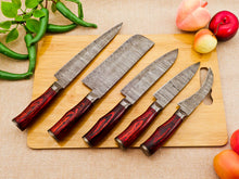 Load image into Gallery viewer, 5 Piece Handmade Damascus Chef Knife Set with Red Handle - Chef&#39;s Knife, Fillet Knife, Cleaver, Small Chef knife, Paring knife - Arham Cutlery
