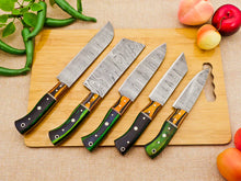 Load image into Gallery viewer, 5 Piece Handmade Damascus Chef Knife Set - Bread Knife, Chef Knife, Cleaver, Bunka knife, Paring knife - Arham Cutlery
