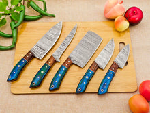 Cargar imagen en el visor de la galería, 5 Piece Handmade Damascus Chef Knife Set - Chef&#39;s Knife, Fillet Knife, Cleaver, Small Chef knife, Utility knife - Arham Cutlery
