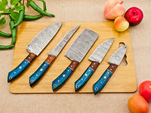 Load image into Gallery viewer, 5 Piece Handmade Damascus Chef Knife Set - Chef&#39;s Knife, Fillet Knife, Cleaver, Small Chef knife, Utility knife - Arham Cutlery
