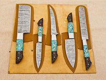 Load image into Gallery viewer, 5 Piece Handmade Damascus Chef Knife Set - Bread Knife, Fillet Knife, Cleaver, Chef knife, Paring knife - Arham Cutlery
