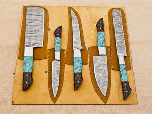 5 Piece Handmade Damascus Chef Knife Set - Bread Knife, Fillet Knife, Cleaver, Chef knife, Paring knife - Arham Cutlery