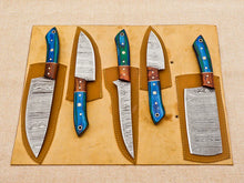 Cargar imagen en el visor de la galería, 5 Piece Handmade Damascus Chef Knife Set - Chef&#39;s Knife, Fillet Knife, Cleaver, Small Chef knife, Utility knife - Arham Cutlery
