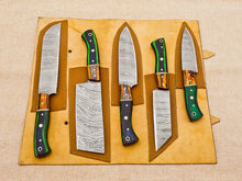 Load image into Gallery viewer, 5 Piece Handmade Damascus Chef Knife Set - Bread Knife, Chef Knife, Cleaver, Bunka knife, Paring knife - Arham Cutlery
