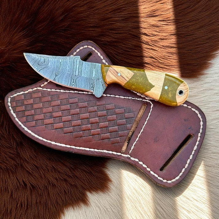 Damascus Belt Knife – Resin Wood Handle | Handmade by Arham Cutlery