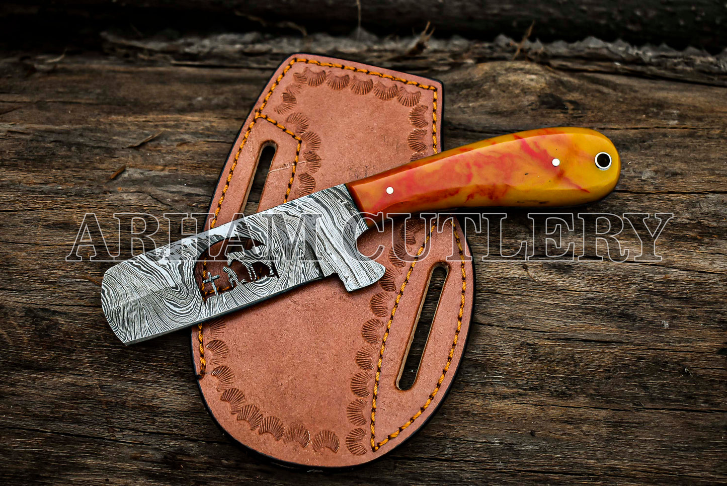 Praying Cowboy Bull Cutter EDC Knife With Cowhide Leather Sheath