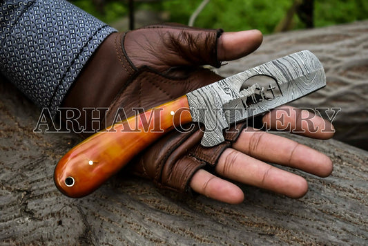 Praying Cowboy Bull Cutter EDC Knife With Cowhide Leather Sheath Arham Cutlery