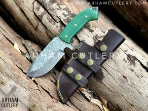 Damascus Steel Handmade Hunting Knife , Custom Hand Forged Knife With Leather Sheath , Arham Cutlery
