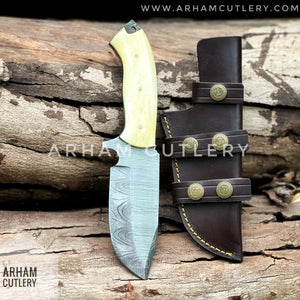 9" Damascus Steel Handmade Hunting Knife With Cowhide Leather Sheath , Arham Cutlery