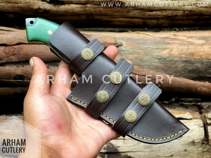 Damascus Steel Handmade Hunting Knife , Custom Hand Forged Knife With Leather Sheath , Arham Cutlery