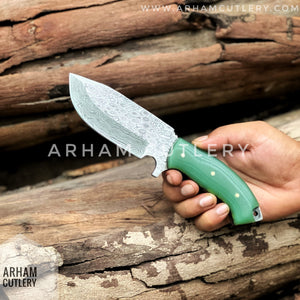 Damascus Steel Handmade Hunting Knife , Custom Hand Forged Knife With Leather Sheath , Arham Cutlery