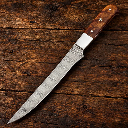 Handmade Damascus Fillet Knife – 8” Precision Blade with Rosewood Handle | Arham Cutlery Arham Cutlery