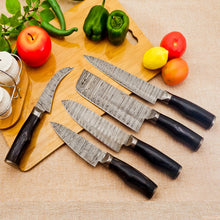 Cargar imagen en el visor de la galería, 5 Piece Handmade Damascus Chef Knife Set - Chef&#39;s Knife, Fillet Knife, Cleaver, Small Chef knife, Paring knife - Arham Cutlery
