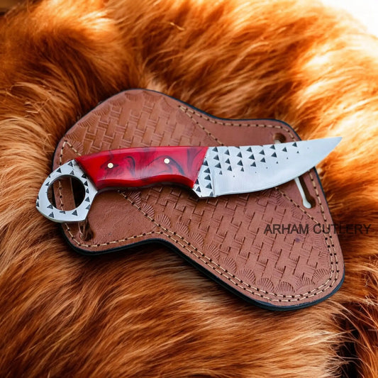 Finger Hole Handmade Skinning Knife With Pan Cake Leather Sheath 