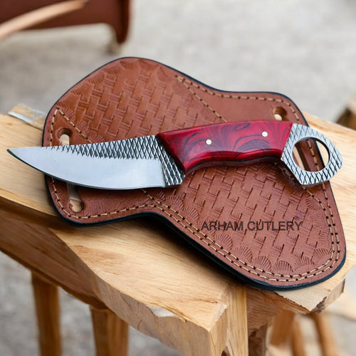 Finger Hole Handmade Skinning Knife With Pan Cake Leather Sheath 