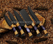 Load image into Gallery viewer, Handmade Knives Set, Kitchen knives set, Chef knives set, Damascus chef set, Steel knife set with leather Sheath | Arham Cutlery
