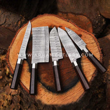 Cargar imagen en el visor de la galería, 5 Piece Kitchen Chef Set with Wenge Wood Handle and Leather Roll | Arham Cutlery
