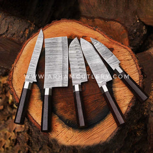 5 Piece Kitchen Chef Set with Wenge Wood Handle and Leather Roll | Arham Cutlery