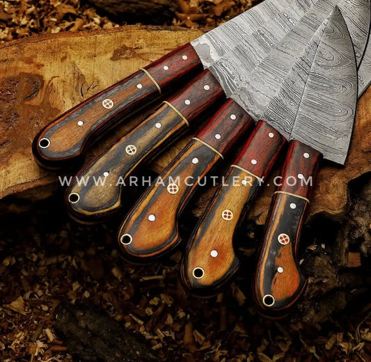 Damascus steel kitchen chef knives set of 5pcs, Handmade chef's knife set, Kitchen knife with leather sheath, Gift For Him, Christmas Gift | Arham Cutlery Arham Cutlery