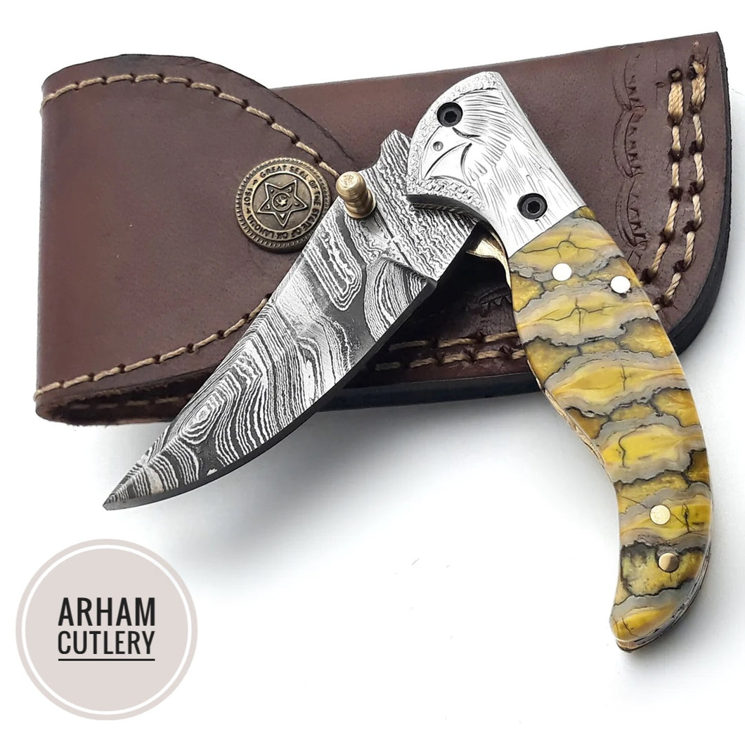 Handmade Damascus Steel Folding Blade Knife - Arham Cutlery