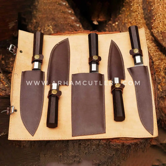 5 Piece Kitchen Chef Set with Wenge Wood Handle and Leather Roll | Arham Cutlery - Arham Cutlery
