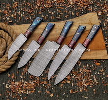 Cargar imagen en el visor de la galería, Damascus Steel Kitchen Chef Knives Set Of 5pcs, Handmade Chef&#39;s Knife Set, Kitchen Knives, Gift For Him, Personalized Gift Christmas Gift | Arham Cutlery
