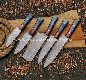 Damascus Steel Kitchen Chef Knives Set Of 5pcs, Handmade Chef's Knife Set, Kitchen Knives, Gift For Him, Personalized Gift Christmas Gift | Arham Cutlery