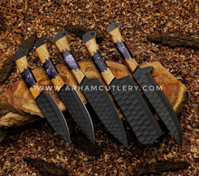 Load image into Gallery viewer, Handmade Knives Set, Kitchen knives set, Chef knives set, Damascus chef set, Steel knife set with leather Sheath | Arham Cutlery
