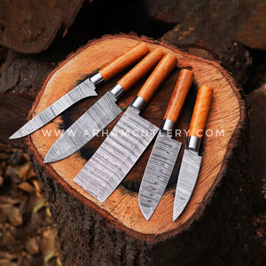 5 Piece Chef Set - Olive Wood Handle & Genuine Leather Role | Arham Cutlery