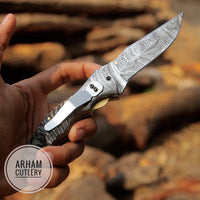 Handmade Damascus Steel Folding Blade Knife (Ram Horn Handle) - Arham Cutlery