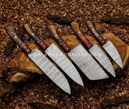Damascus steel kitchen chef knives set of 5pcs, Handmade chef's knife set, Kitchen knife with leather sheath, Gift For Him, Christmas Gift | Arham Cutlery