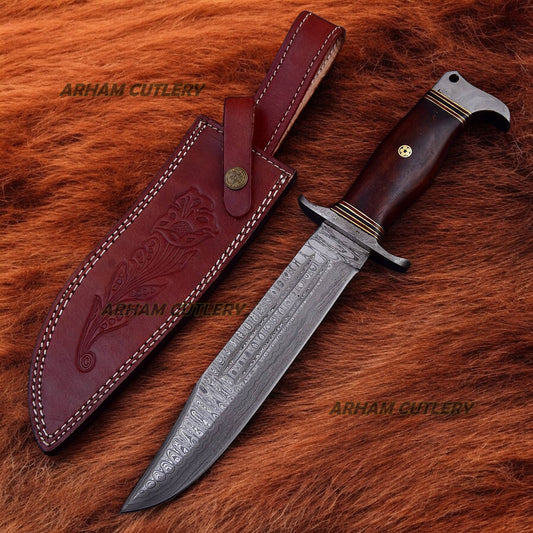 Full Tang Damascus Steel Hunting Bowie Knife With Sheath 