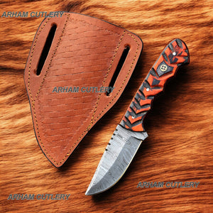 Custom Made Damascus Steel Handmade 7" Skinning Knife With Cow Hide Leather Sheath