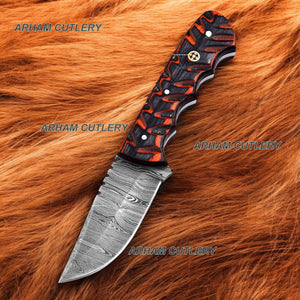 Custom Made Damascus Steel Handmade 7" Skinning Knife With Cow Hide Leather Sheath