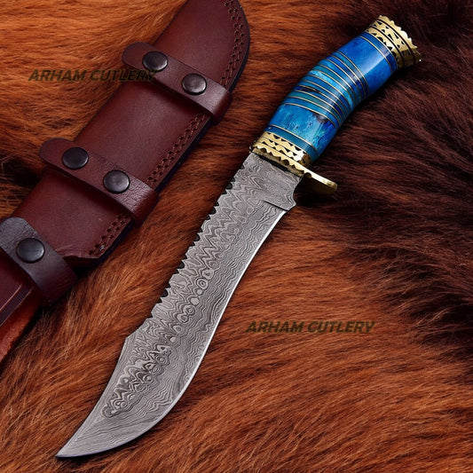 Hand Forged Damascus Steel Blue Caterpillar Bowie Knife With Leather Sheath